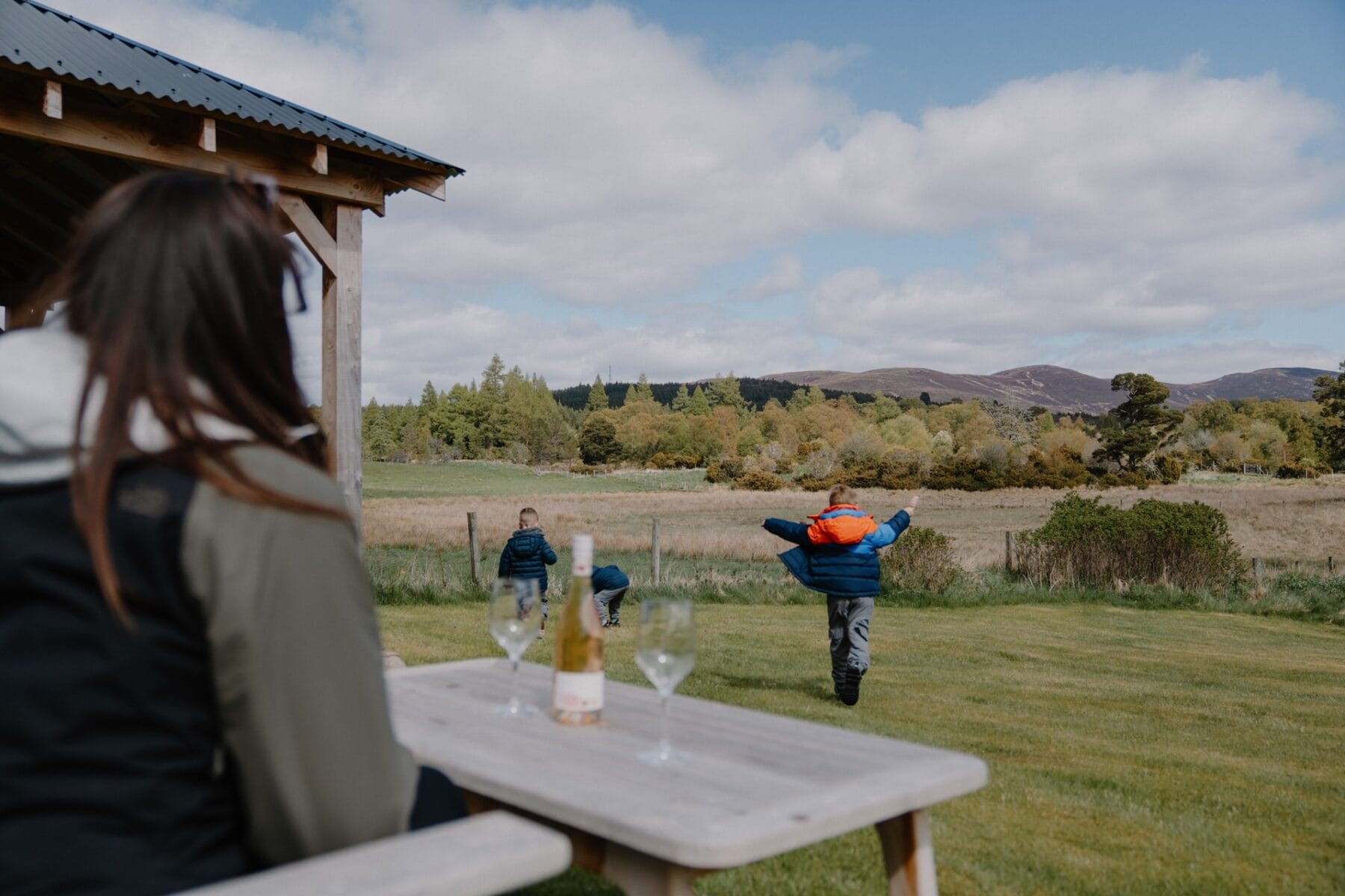 Children playing in the field beyond the house at Achnahatnich House, Rothiemurchus, Aviemore